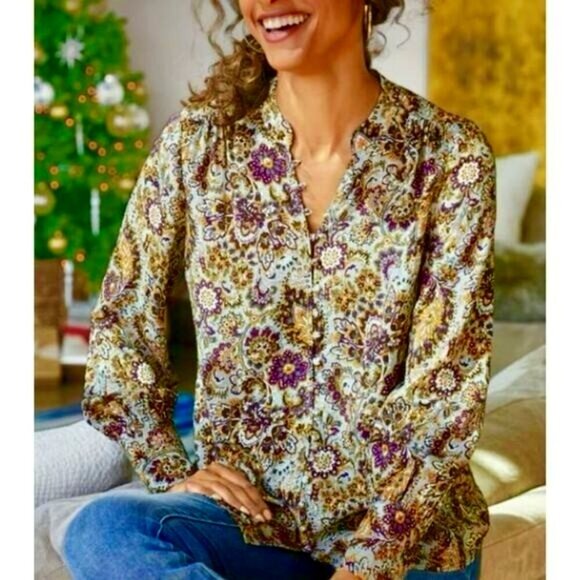 Soft Surroundings Tops - NWT $90 Soft Surroundings Via Alpina Boho Purple Paisley Peasant Blouse Medium